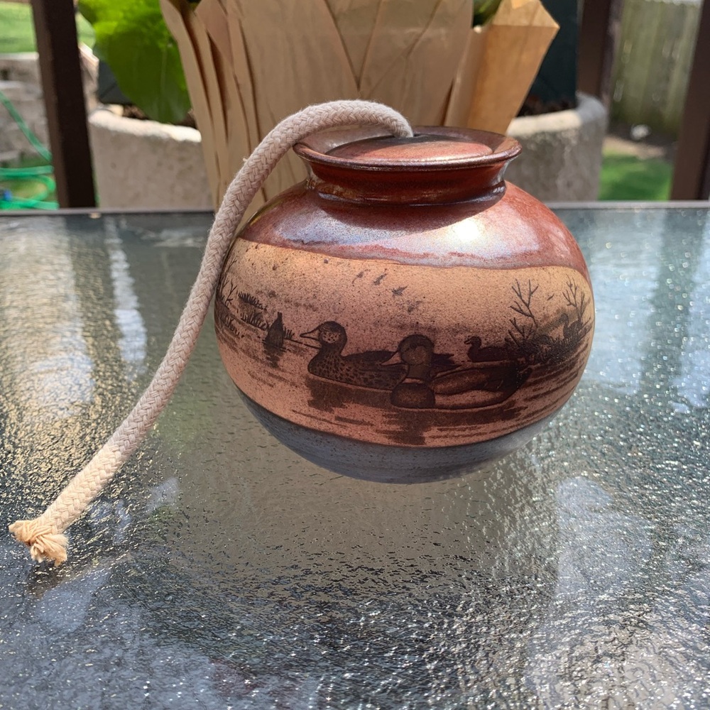Studio Art Vintage Pottery Stoneware Oil Lamp with Wick Earth Tone Colors Ducks